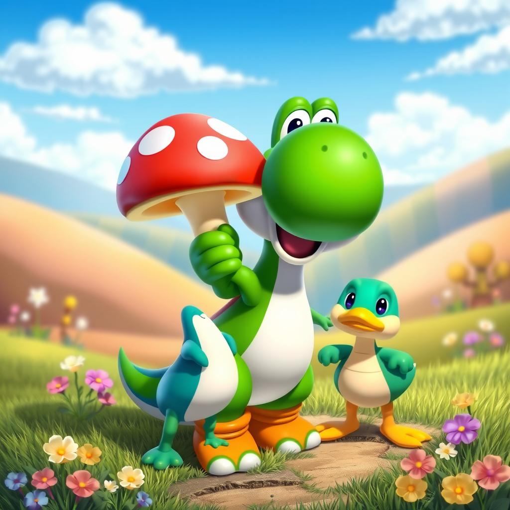 A whimsical scene featuring Yoshi, the friendly dinosaur from the Mario series, and Psyduck, the confused water-type Pokémon