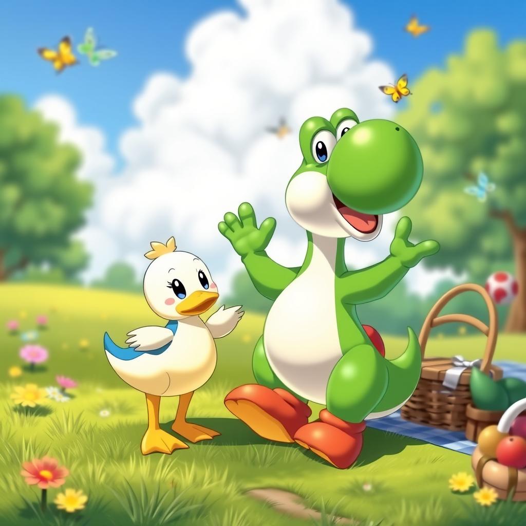A playful scene featuring Psyduck, a cartoon duck-like Pokémon, and Yoshi, a bright green dinosaur from the Mario franchise, having fun in a sunny park