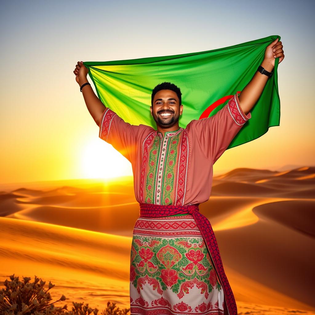 A proud man standing in a vibrant landscape, holding the Algerian flag high