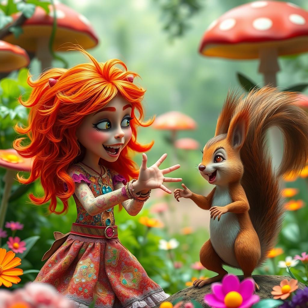 A fiery-haired girl with bright red hair, showcasing a fierce and imaginative personality, engaged in a heated argument with a small, animated squirrel