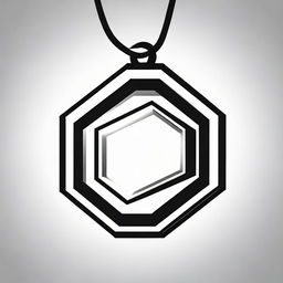 A high contrast, black and white vector-style illustration of a pendant in the shape of a hexagon on a white background. Use a simple, flat design and line art style, with no use of colors.