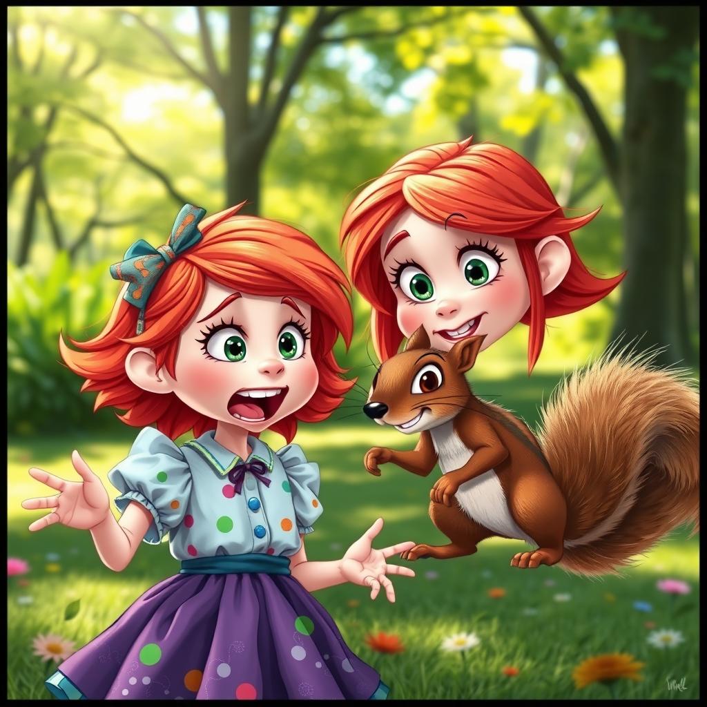 A spirited red-haired girl with a vivid imagination, passionately arguing with an assertive squirrel