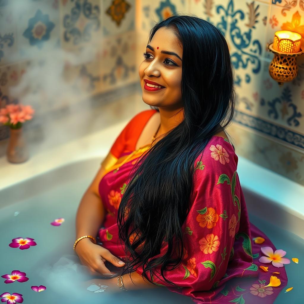 An Indian mother enjoying a relaxing bath, surrounded by beautiful decorations typical of Indian culture