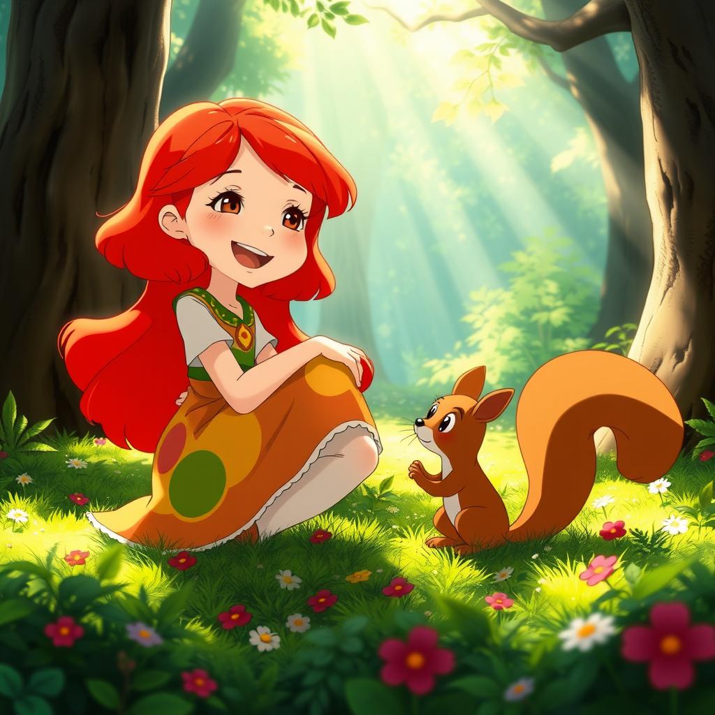 A whimsical scene featuring a red-haired girl happily discussing with a curious squirrel in a lush forest setting, inspired by the enchanting style of Studio Ghibli