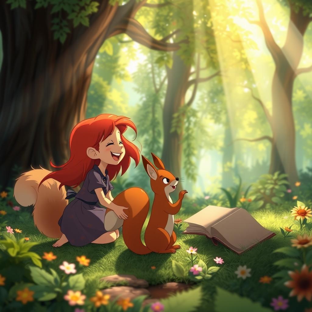 A whimsical scene featuring a red-haired girl joyfully discussing with a curious squirrel in a vibrant forest setting, inspired by the enchanting style of Studio Ghibli
