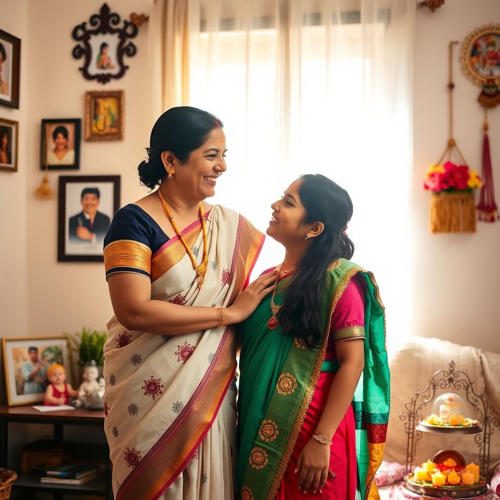 A warm and affectionate scene capturing an Indian mother and daughter in a cozy home setting