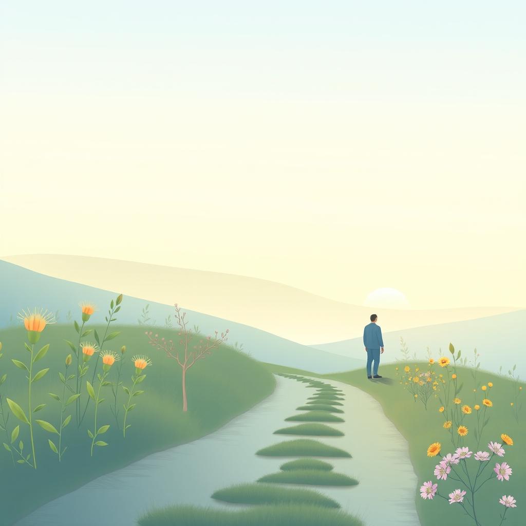 An eBook cover featuring a serene landscape at dawn with soft pastel tones like light blue, soft green, and lilac, conveying peace and tranquility