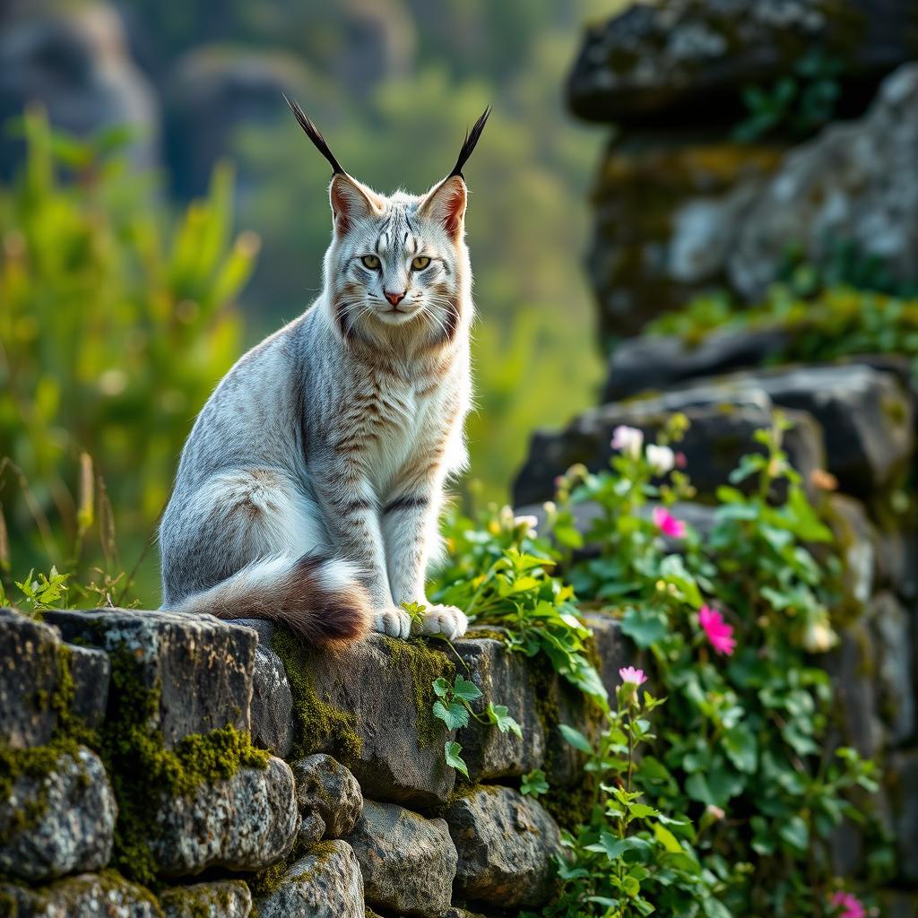 A majestic long-eared silver lynx sitting elegantly on a weathered and overgrown stone rampart, surrounded by lush greenery and wildflowers