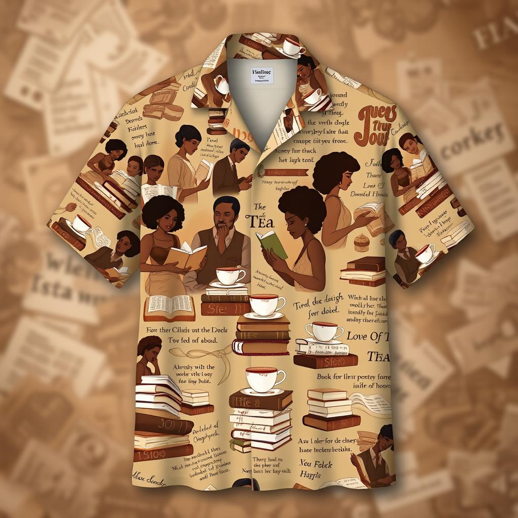 A beautifully designed shirt in shades of coffee brown and sandy beige, adorned with intricate patterns featuring diverse people engaged in reading, surrounded by stacks of books and elegant tea cups
