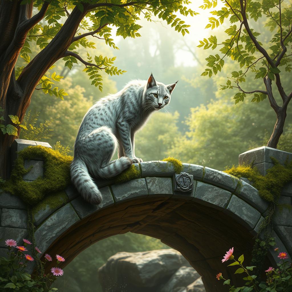 A fantastical depiction of an inquisitive silver lynx, embodying fae nature, perched gracefully on the edge of a weathered and overgrown stone bridge