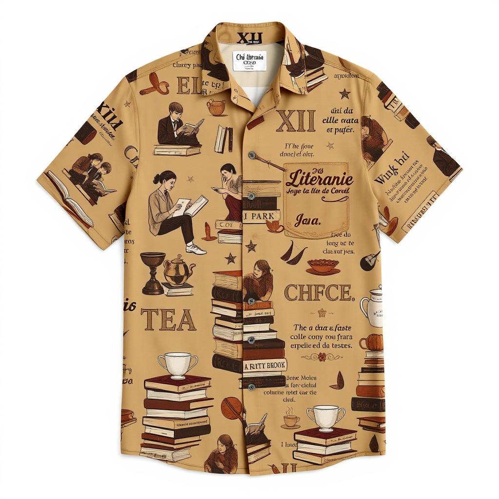 A stylish fabric shirt in shades of coffee brown and sand color, intricately detailed with illustrations of people engaged in reading, books stacked together, delicate teacups, and artistic quotes related to literature