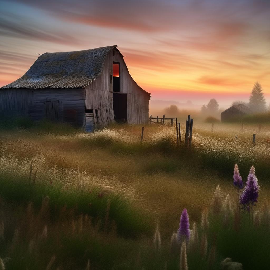 Generate a realistic, enhanced image capturing the ephemeral beauty of dawn in a country setting, with elements like a rustic barn, wildflowers, dew-kissed grass, and a soft sunrise.