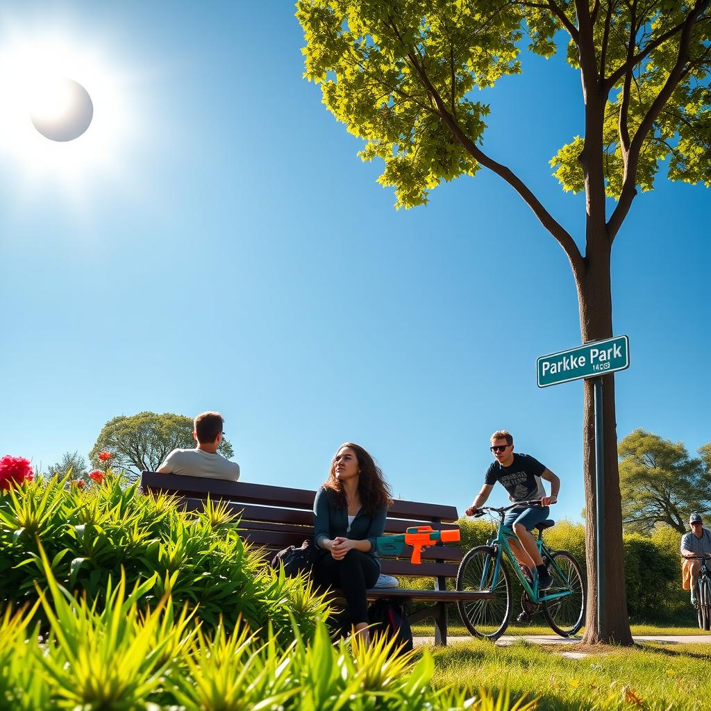 A vibrant sunny park scene, featuring a bright blue sky with a partially obscured sun during a solar eclipse