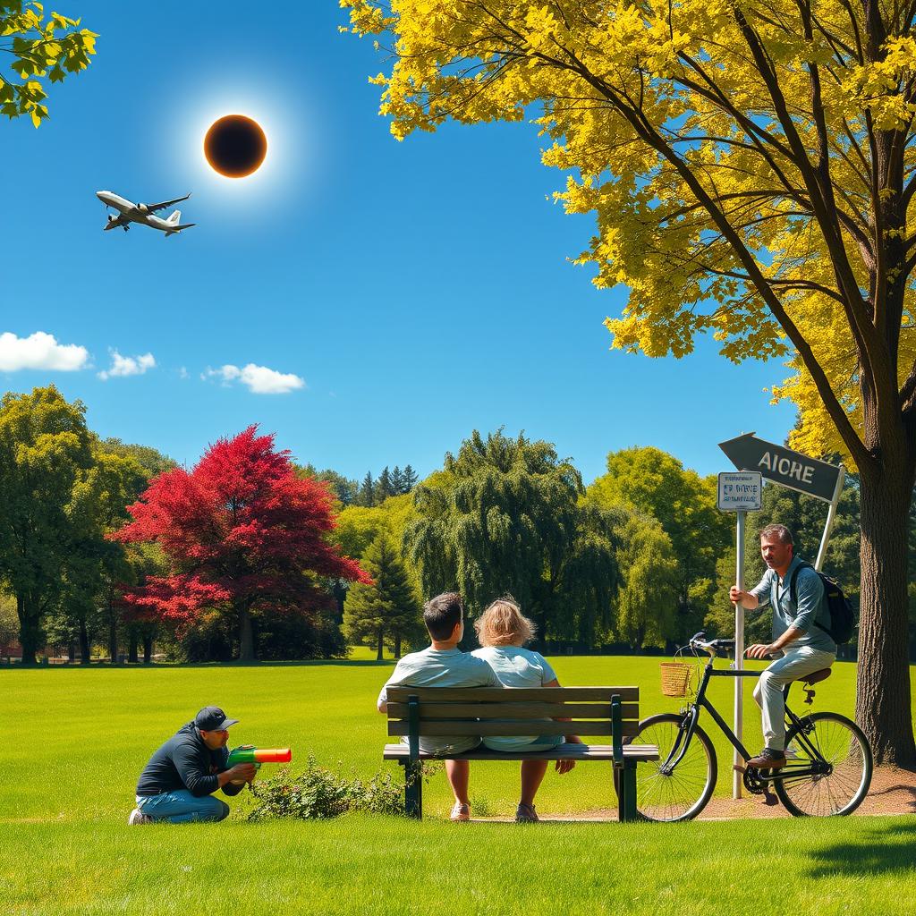 A sunny park setting with lush green grass and vibrant trees