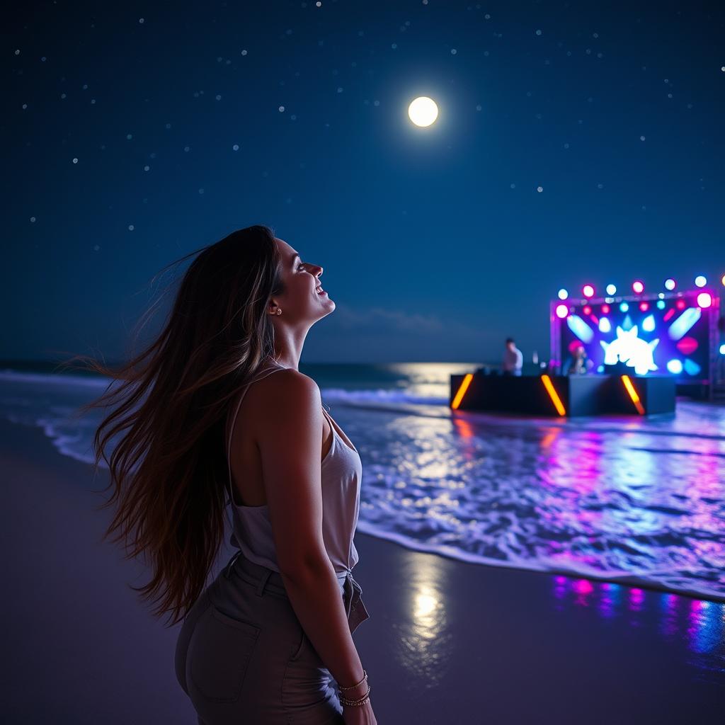 A woman gazing up at the sparkling stars and a bright moon while standing on a serene beach at night