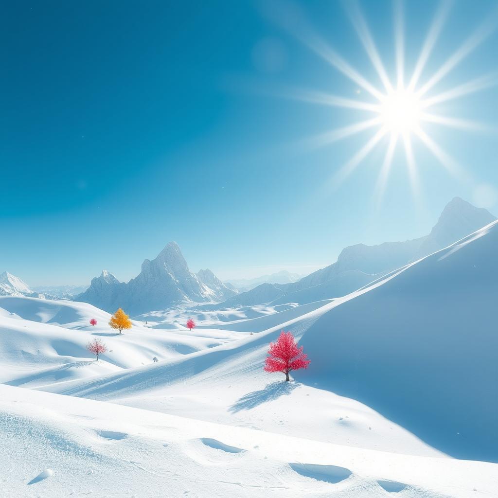 An imaginative scene on a sunny and snowy planet, showcasing a bright blue sky with rays of sunshine sparkling on a pristine white blanket of snow covering the landscape