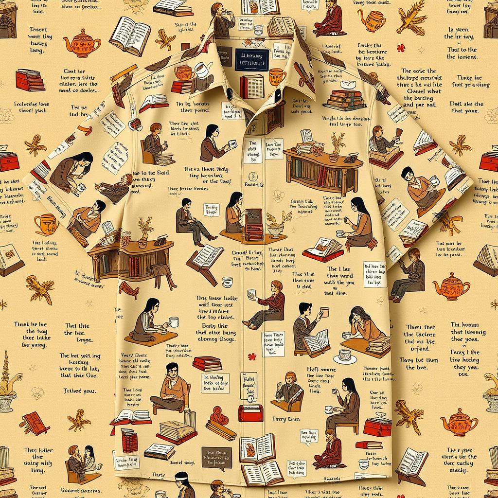 A beautiful and unique fabric design featuring a shirt in coffee brown and sand color, intricately detailed with various illustrations of people enjoying tea, surrounded by books, teacups, and meaningful quotes