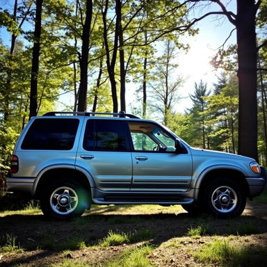 A detailed side profile of a 2001 Ford Explorer parked in a lush green forest setting, showcasing its sharp lines and rugged design