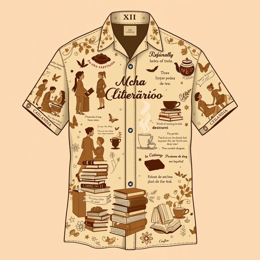 A beautifully designed shirt in shades of coffee brown and beige, adorned with intricate details featuring people engaged in conversation, stacks of books, steaming cups of tea, and literary quotes