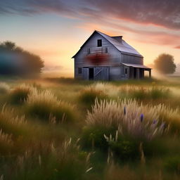 Generate a realistic, enhanced image capturing the ephemeral beauty of dawn in a country setting, with elements like a rustic barn, wildflowers, dew-kissed grass, and a soft sunrise.