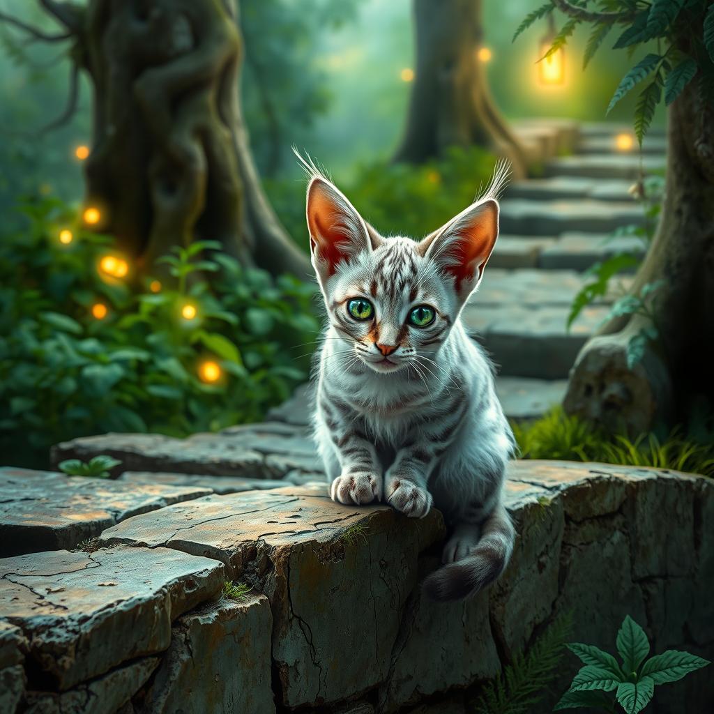 An inquisitive silver serval of fae nature, with shimmering silver fur and bright, curious eyes, sitting gracefully on the crumbled ledge of a weathered and overgrown stone path