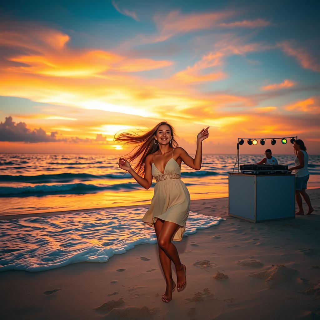 A vibrant scene capturing a woman joyfully dancing on a picturesque beach during a breathtaking sunset