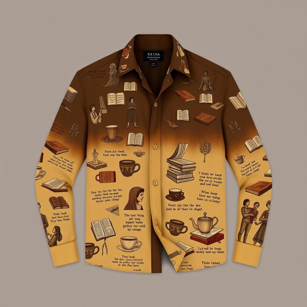 A stylish, buttonless shirt in rich coffee and sandy colors featuring intricate designs of diverse people, books, and teacups embedded within the fabric