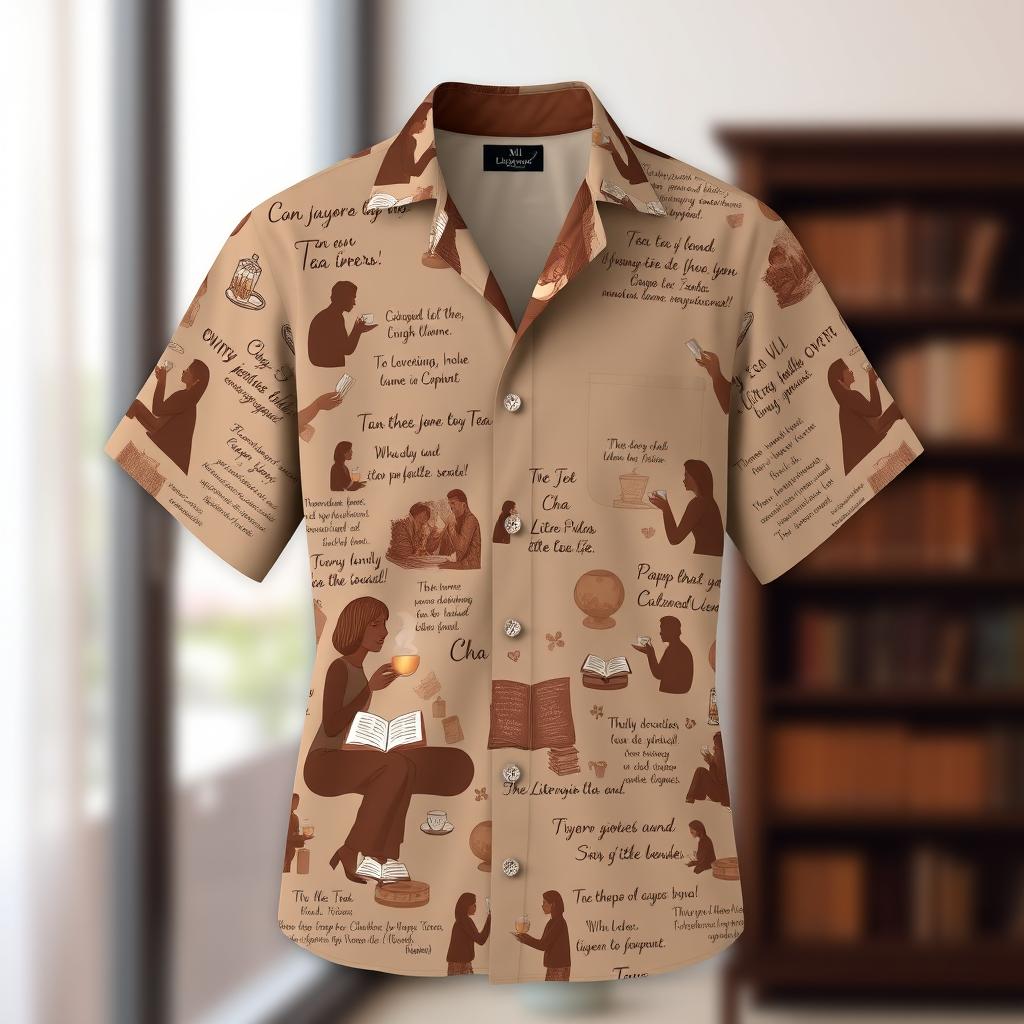 A stylish, buttonless shirt in shades of coffee brown and sand color, adorned with intricate details of people reading books, sipping tea from delicate cups, and various literary quotes