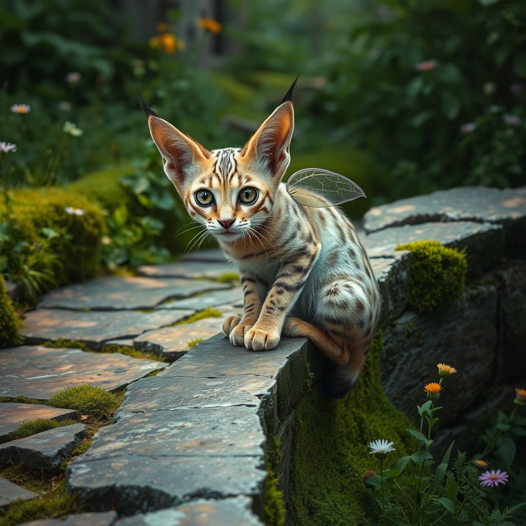 An inquisitive fae serval with a coat of tarnished silver fur, perched gracefully on the crumbled ledge of a weathered and overgrown stone path