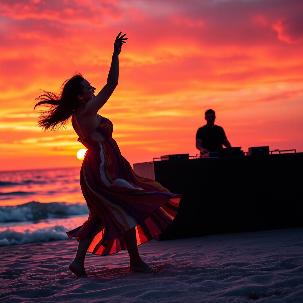 A vibrant scene on a beach at sunset where a woman is dancing joyously