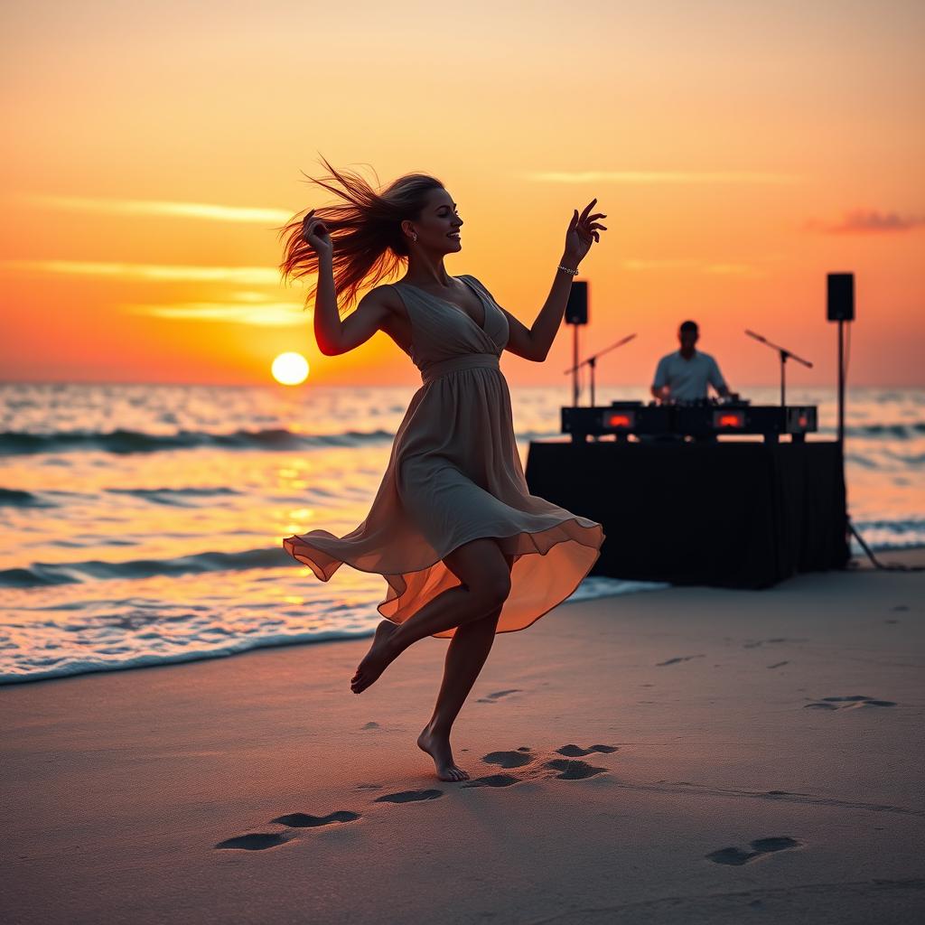 A vibrant scene depicting a woman dancing joyfully on the beach at sunset