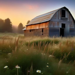 Generate a realistic, enhanced image capturing the ephemeral beauty of dawn in a country setting, with elements like a rustic barn, wildflowers, dew-kissed grass, and a soft sunrise.