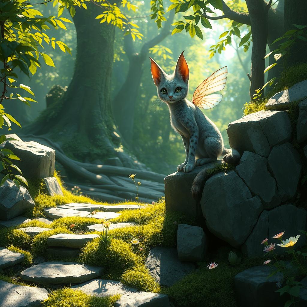 A high fantasy concept art scene featuring an inquisitive fae serval with shimmering silver fur, perched gracefully on the crumbled ledge of a weathered and overgrown stone path