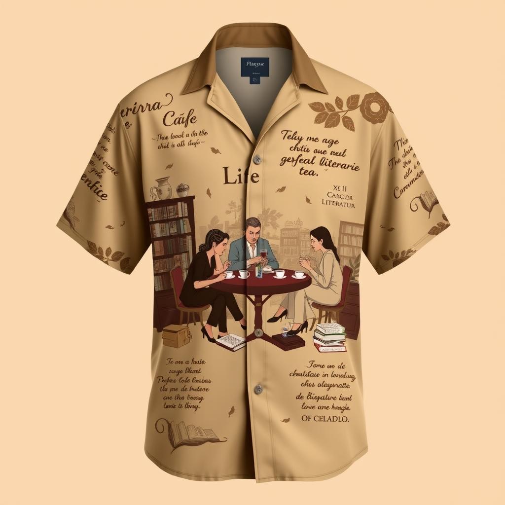 A stylish, buttonless shirt in a rich coffee and sandy color blend, featuring intricate details of people enjoying a literary tea gathering, surrounded by books, decorative cups of tea, and inspiring quotes related to literature