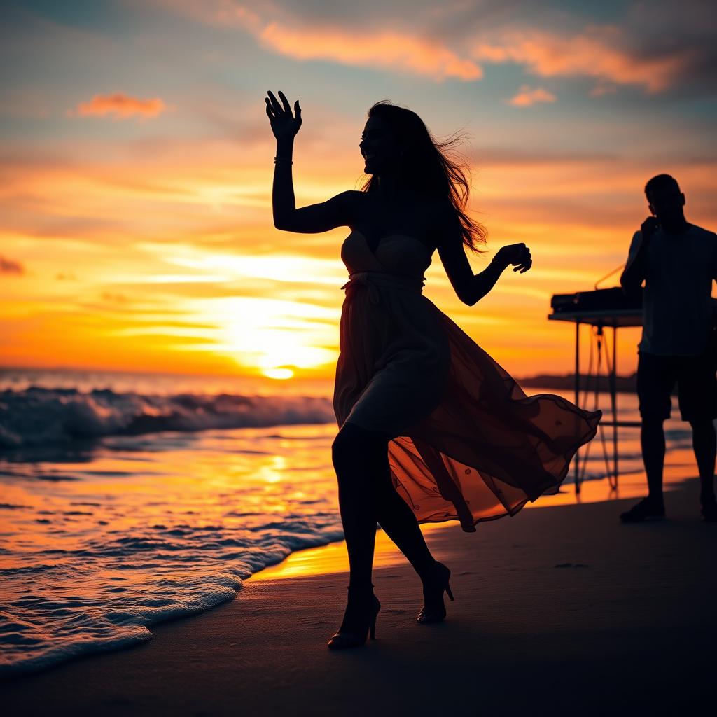 A beautiful woman dancing joyfully on a beach at sunset, her silhouette gracefully outlined against the vibrant hues of the sky