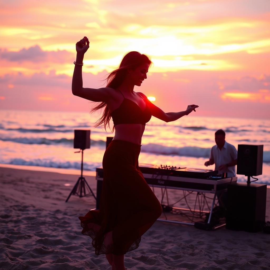 A beautiful woman dancing gracefully on the beach at sunset, her silhouette illuminated by the warm, glowing colors of the setting sun