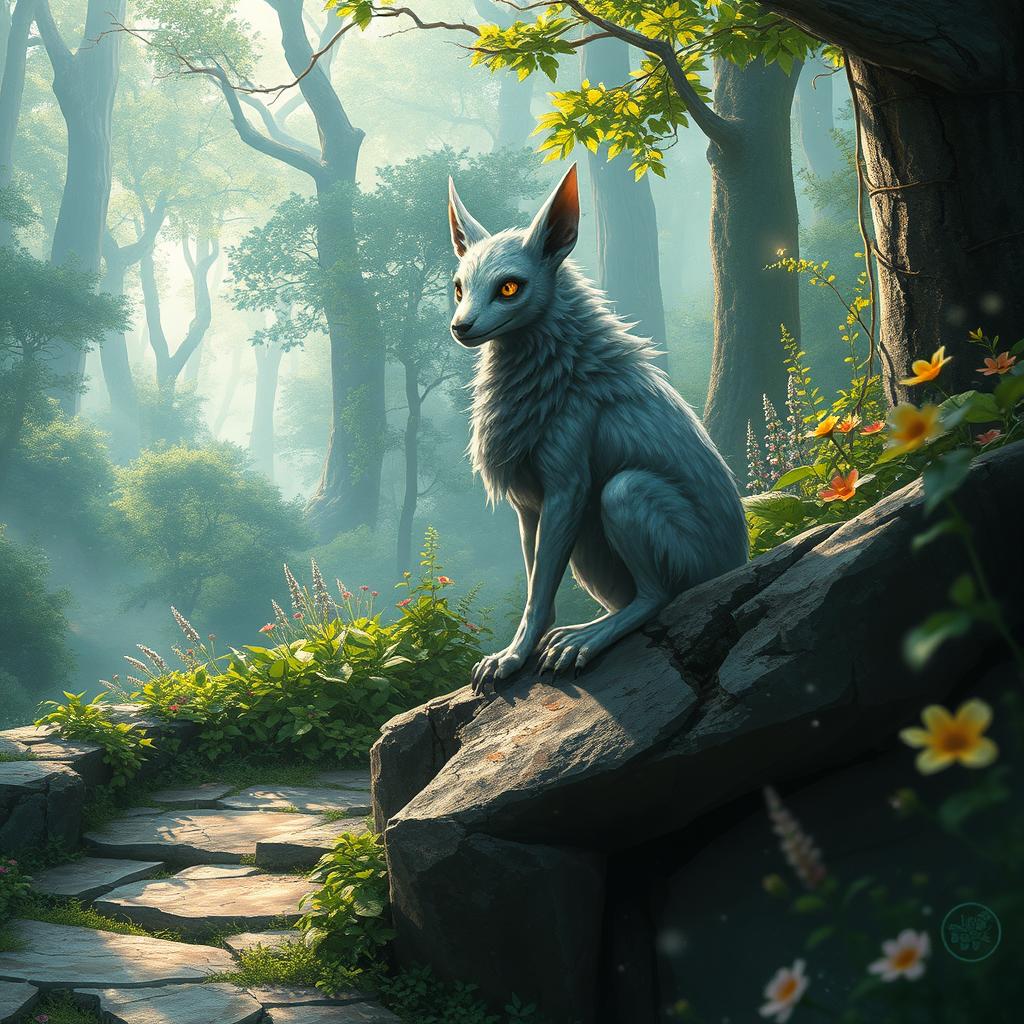 A high fantasy concept art scene featuring an inquisitive sergal with lustrous silver fur