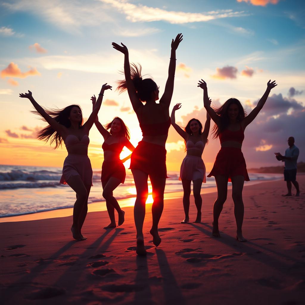 A stunning scene capturing five beautiful women dancing joyfully on the beach at sunset