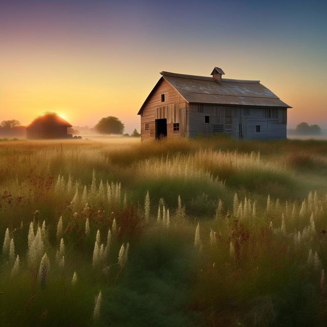 Generate a realistic, enhanced image capturing the ephemeral beauty of dawn in a country setting, with elements like a rustic barn, wildflowers, dew-kissed grass, and a soft sunrise.