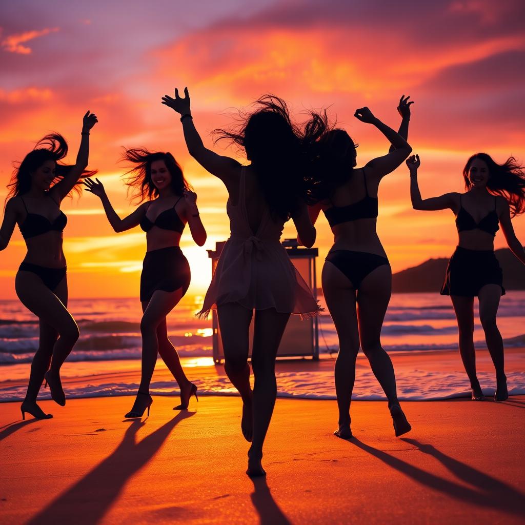 Five beautiful women dancing joyfully on a beach at sunset, their silhouettes outlined against the vibrant orange and purple hues of the sky