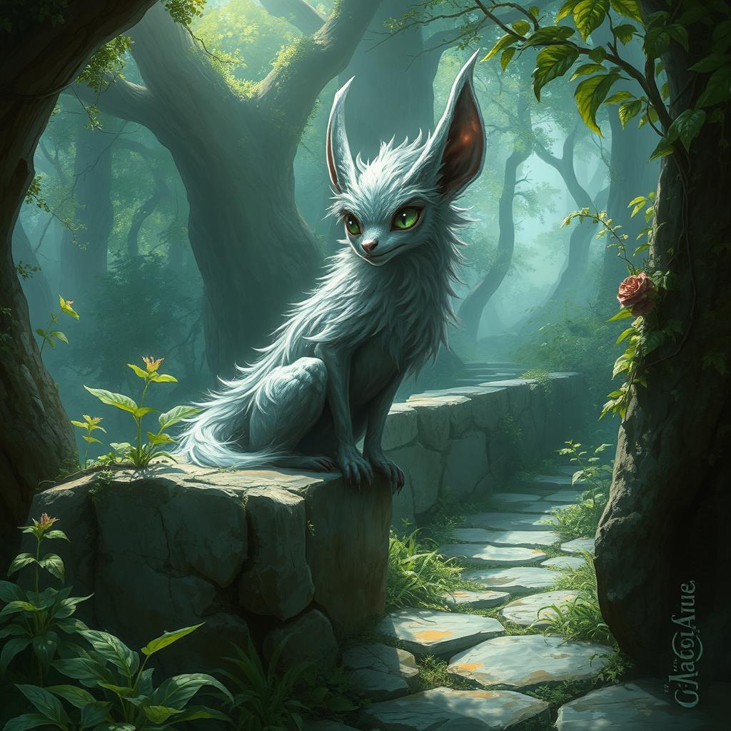 A high fantasy concept art scene featuring an inquisitive sergal nature spirit with shimmering silver fur