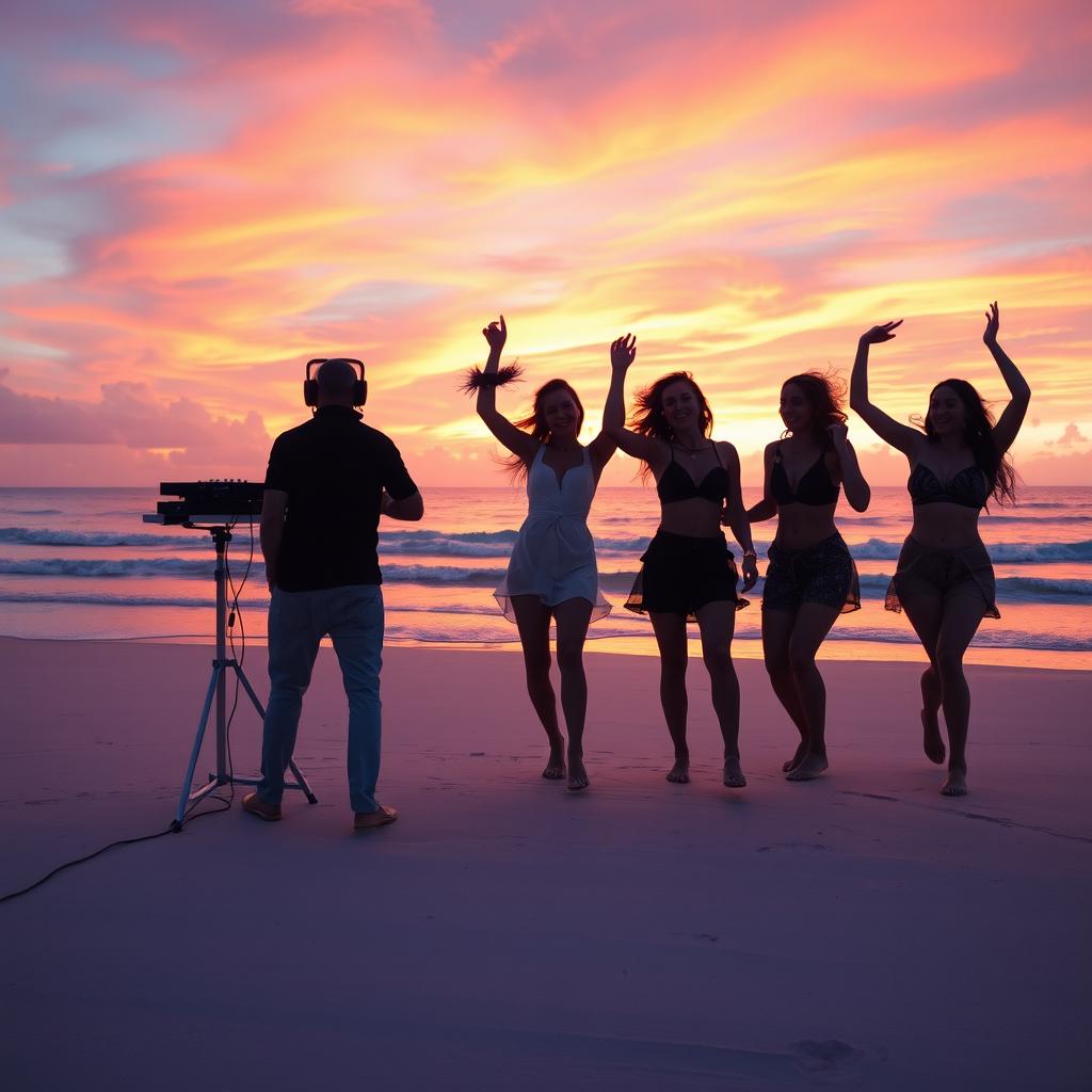 A captivating sunset beach scene featuring a DJ playing music with five beautiful women dancing joyfully