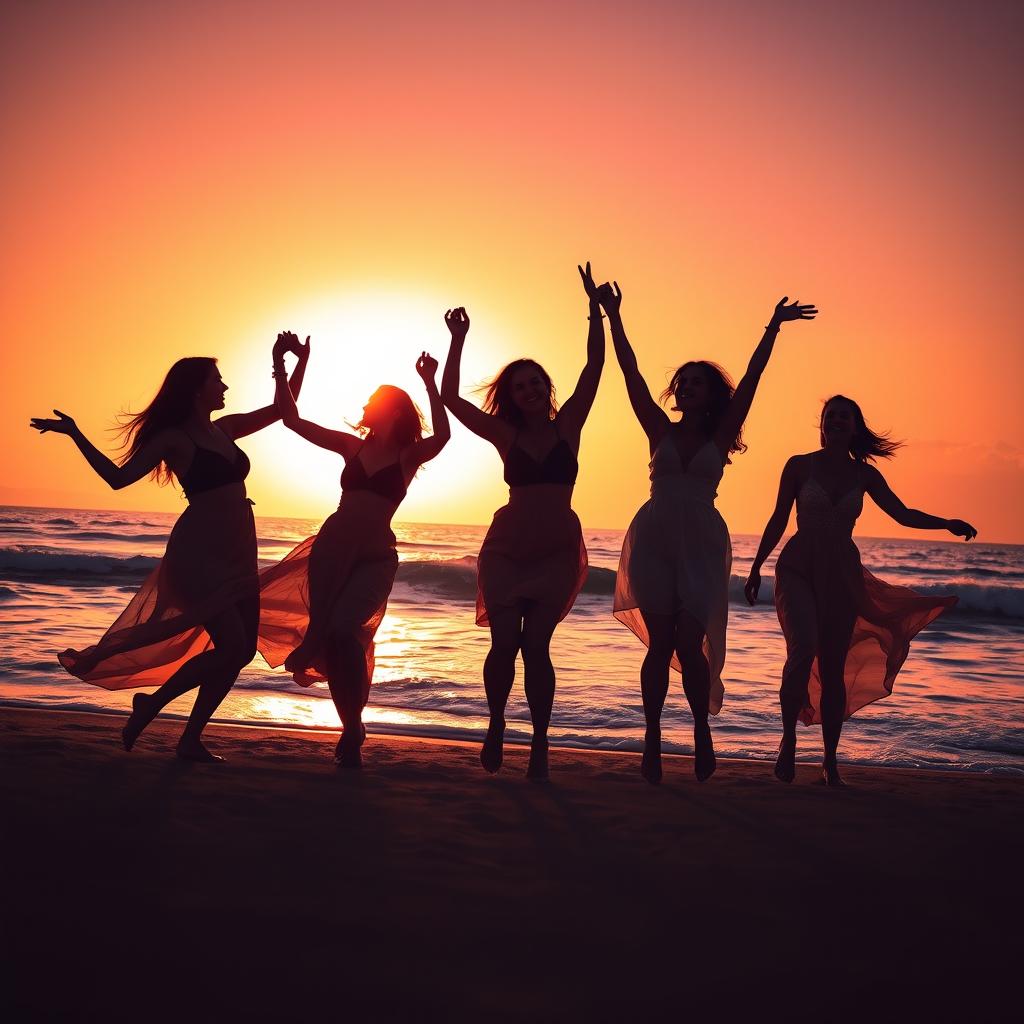 A captivating silhouette scene of five beautiful women dancing joyfully on a beach at sunset
