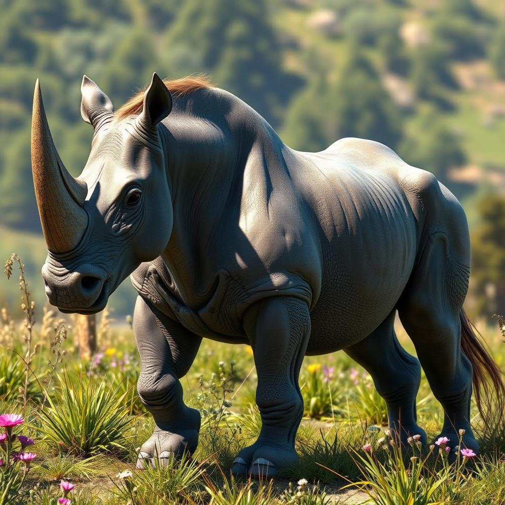 A realistic mythical beast that is a stunning hybrid of a rhinoceros and a horse, showcasing the robust body and textured skin of a rhino combined with the sleek musculature and graceful features of a horse