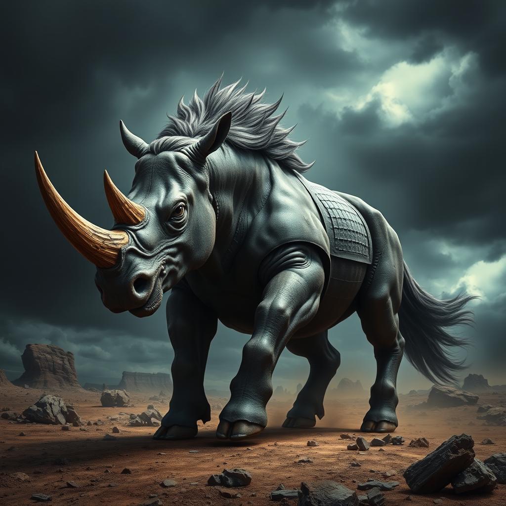 A brutal and powerful mythical beast that is a striking combination of a rhinoceros and a horse, featuring a muscular, armored body with the rugged skin of a rhinoceros, complemented by the powerful legs and flowing mane of a horse
