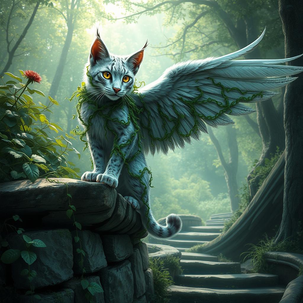 A captivating high fantasy scene featuring a majestic winged lynx with shimmering silver fur, intricately covered in vibrant green vines