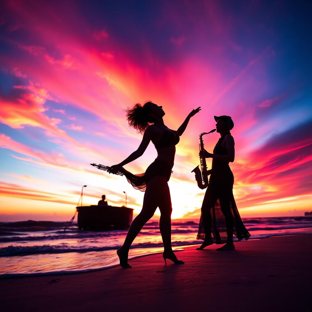 A stunning silhouette of a woman dancing gracefully on the beach, set against a vibrant sunset sky filled with shades of orange, pink, and purple