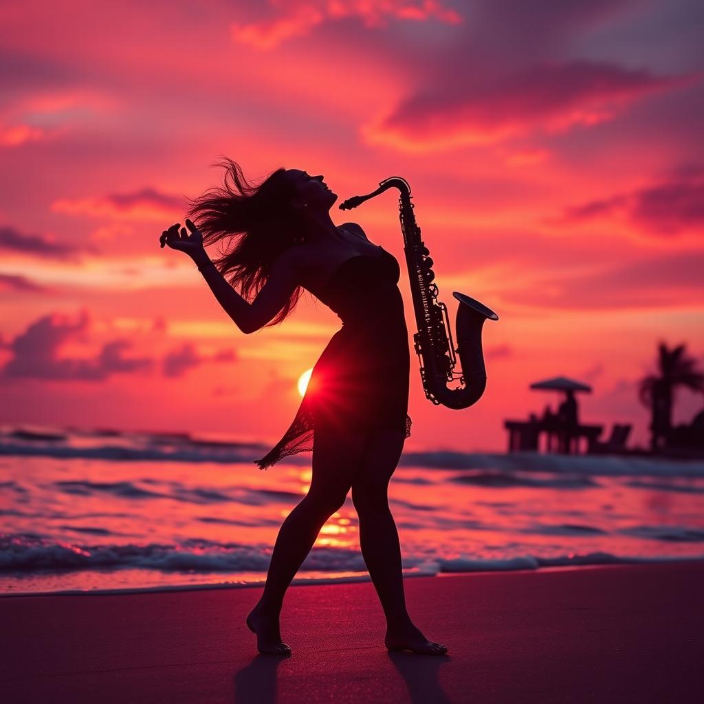 A striking silhouette of a woman dancing joyfully on the beach during a vivid sunset, with radiant orange, pink, and purple hues in the sky reflecting on the water