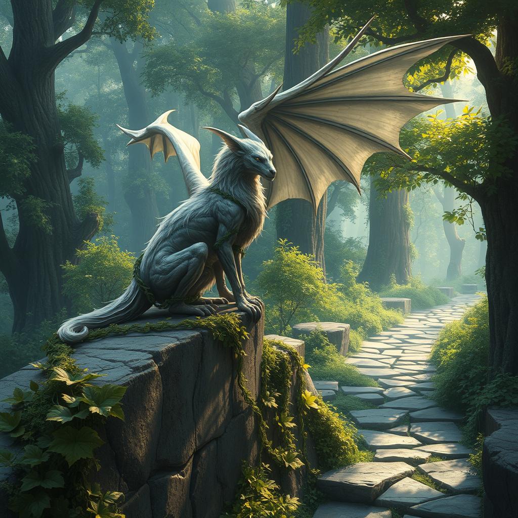 A high fantasy concept art scene featuring a majestic winged sergal, its sleek, silver fur glistening in the soft light