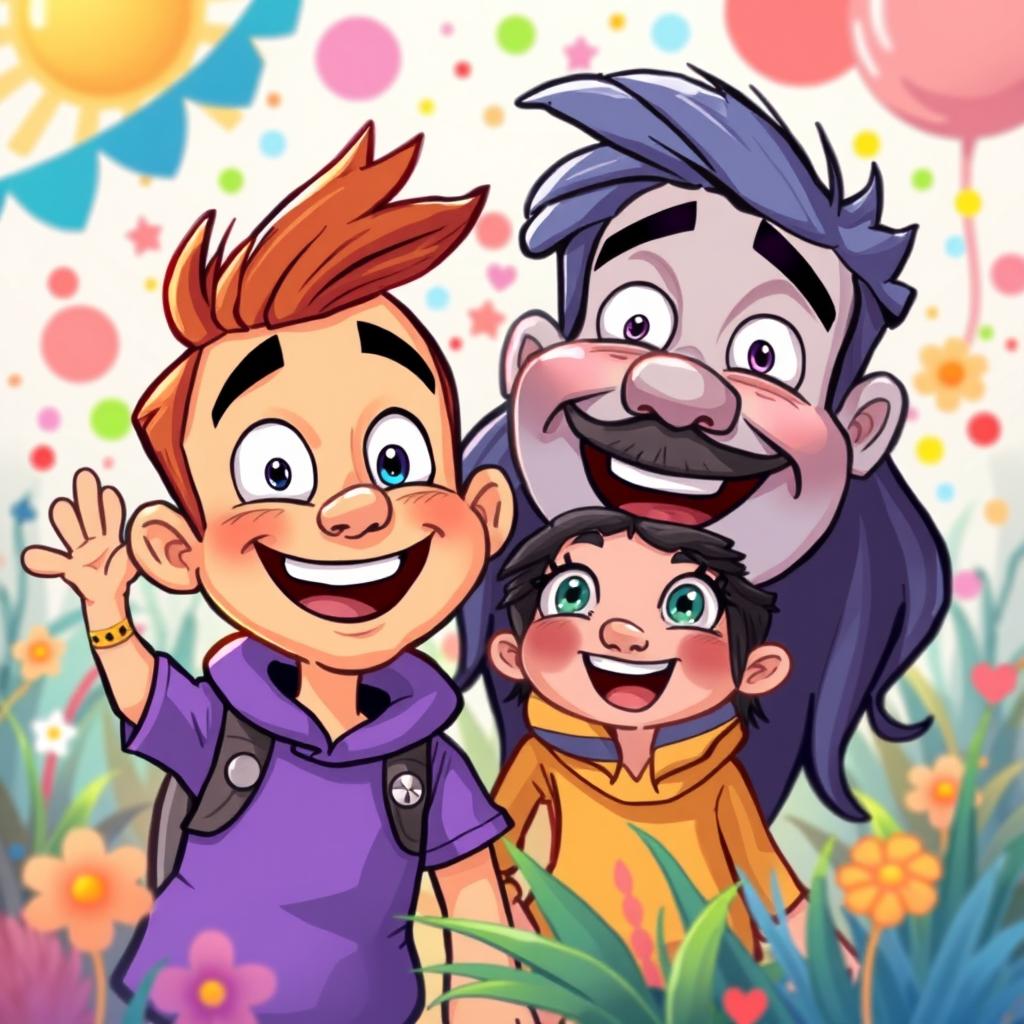 A vibrant cartoon-style illustration based on the provided photo, featuring exaggerated features and bright colors